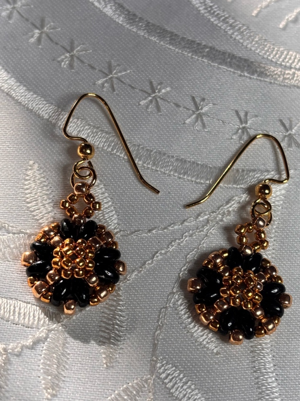 Gold and Black Beaded Drop Pierced Earrings - 2 inches - Picture 3 of 6